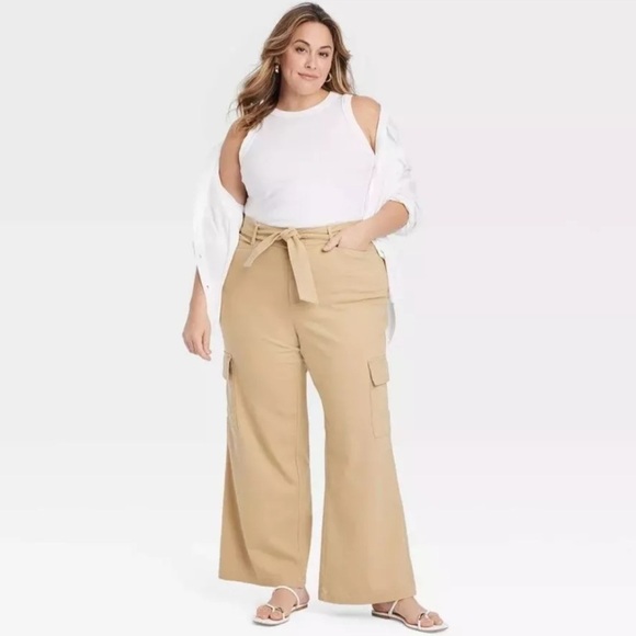 Ava & Viv Pants - Ava & Viv High-Rise Wide Leg Cargo Pants Tan Women Plus Sizes choose your size👇